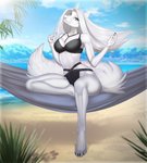 4_toes 5_fingers anthro breasts clothed clothing day detailed_background eyebrows eyelashes feet female fingers fur hair hammock outside pale_eyes sky smile solo toes white_body white_fur white_hair white_nose amur canid canine mammal 2021 digital_media_(artwork) hi_res