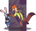2015 abstract_background anthro barefoot buckteeth canid canine dipstick_ears dipstick_tail disney duo eye_roll feet female fox fur gloves_(marking) hand_on_hip judy_hopps lagomorph leporid male mammal markings multicolored_ears multicolored_tail nick_wilde on_one_leg rabbit red_fox secoh2000 size_difference standing tail tail_markings teeth true_fox zootopia