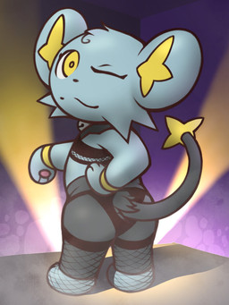 ambiguous_gender bell black_body black_fur blue_body blue_fur butt cheek_tuft clothed clothed_feral clothing detailed_background facial_tuft feral fishnet_clothing fishnet_legwear fur inside legwear lingerie lingerie_on_feral looking_at_viewer looking_back looking_back_at_viewer markings one_eye_closed pawpads pink_pawpads pose semi-anthro solo stage standing tail tuft wink winking_at_viewer yellow_eyes yellow_markings the_creacher nintendo pokemon generation_4_pokemon pokemon_(species) shinx 3:4 hi_res