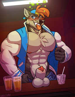 abs alcohol animal_genitalia anthro backwards_baseball_cap backwards_hat balls baseball_cap beverage biceps big_balls big_muscles biped blush chest_tuft clothed clothing drunk fur genitals hair hat headgear headwear jacket letterman_jacket male muscular muscular_anthro muscular_male nipples obliques open_clothing open_jacket open_shirt open_topwear pecs penis penis_tip sheath shirt smile solo substance_intoxication teeth topwear triceps tuft kihu storm_(stormwx_wolf) canid canine canis mammal wolf 2017