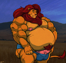 anthro belly big_belly big_penis clothing fur genitals hair huge_penis male mane musclegut muscular muscular_male nipples orange_body orange_fur overweight overweight_male penis penis_peek red_hair solo underwear vein veiny_penis yellow_sclera rackun disney the_lion_king mufasa felid lion mammal pantherine