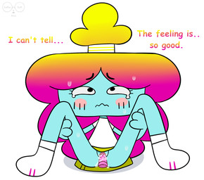 blue_body blue_skin blush blush_lines bodily_fluids bottomless bottomless_female bottomless_humanoid bottomwear clothed clothing dialogue dildo dildo_in_vagina dildo_insertion female female_humanoid footwear genital_fluids genitals hair hands_on_legs holding_object looking_at_viewer multicolored_hair no_underwear not_furry on_model penetration rainbow_hair raised_bottomwear raised_clothing raised_skirt sex_toy sex_toy_in_vagina sex_toy_insertion shirt shoes simple_background skirt solo spread_legs spreading sweat sweatdrop tears tears_of_pain tears_of_pleasure text topwear vaginal vaginal_fluids vaginal_penetration vulva white_background white_clothing white_shirt white_topwear yellow_bottomwear yellow_clothing yellow_skirt saffersoft cartoon_network the_amazing_world_of_gumball rachel_wilson humanoid rainbow_lass 2024 english_text hi_res