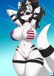 american_flag_bikini anthro areola areola_piercing areola_slip big_breasts bikini black_body black_eyes black_fur black_hair blush breasts camel_toe clothing collar ear_piercing eyebrow_piercing facial_piercing female flag_bikini fur hair half-closed_eyes huge_breasts industrial_piercing legwear looking_at_viewer multicolored_body multicolored_fur narrowed_eyes piercing pink_areola red_collar red_sclera solo swimwear tail thick_thighs thigh_highs two-piece_swimsuit two_tone_body two_tone_fur white_body white_clothing white_fur white_legwear white_thigh_highs wide_hipped_female wide_hips maned_kitsune liliaceo_sangred canid canine demon fox mammal 2024 hi_res