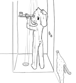 anthro bathing bathroom fur male nude shota shower showering solo surprised tail tail_tuft towel tuft wet white_body white_fur young young_anthro young_male anonymous_artist undertale undertale_(series) asriel_dreemurr bovid caprine goat mammal hi_res monochrome
