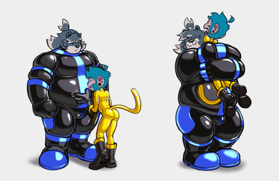 anthro bear_hug belly blue_body blue_fur bodysuit boots bulge clothing duo ear_piercing footwear fur glistening glistening_belly glistening_latex gloves gold_latex grey_body grey_fur handwear hug latex latex_bodysuit latex_clothing latex_skinsuit looking_down male male/male open_mouth piercing shoes simple_background size_difference skindentation skinsuit slightly_chubby surprised tail tight_clothing tongue tongue_out touching_belly white_background yellow_latex owy ooky_(character) bear haplorhine mammal monkey primate hi_res