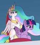 2019 blue_background chair crown duo equid equine feathered_wings feathers female feral friendship_is_magic frown furniture hair hasbro headgear hi_res horn jewelry long_hair mammal multicolored_hair my_little_pony mythological_creature mythological_equine mythology necklace petting princess_celestia_(mlp) puetsua simple_background throne twilight_sparkle_(mlp) winged_unicorn wings