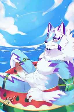 abs anthro athletic athletic_anthro athletic_male blue_body blue_eyes blue_fur blush bottomwear clothing erection fur genitals grin humanoid_genitalia humanoid_penis inflatable male multicolored_body multicolored_fur muscular muscular_anthro muscular_male pecs penis pool_float purple_body purple_fur sea shorts smile solo water white_body white_fur 815147h lifewonders live_a_hero sadayoshi canid canine mammal absurd_res hi_res