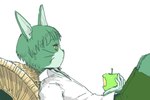 anthro apple bottomwear clothed clothing countershade_face countershade_hands countershade_torso countershading eyebrows fingers food fruit fully_clothed fur green_body green_bottomwear green_clothing green_fur green_hair green_nose green_shorts hair holding_apple holding_food holding_fruit holding_object humanoid_hands male multicolored_body multicolored_fur plant reclining shirt short_hair shorts side_view simple_background solo tan_body tan_countershading tan_fur topwear two_tone_body two_tone_fur whiskers white_background white_clothing white_shirt white_topwear yellow_eyes 4chan_anon domestic_cat felid feline felis mammal 2024 3:2 cel_shading digital_drawing_(artwork) digital_media_(artwork) oekaki portrait shaded three-quarter_portrait