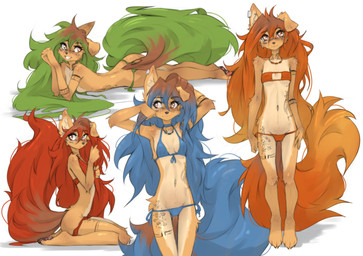 4_toes 5_fingers anthro arm_tattoo barefoot blue_hair blue_tail bra breasts bridge_piercing brown_eyes cheek_piercing claws clothed clothing countershade_torso countershading ear_piercing ear_ring facial_piercing feet female fingers front_view fur green_hair green_tail hair highlights_(coloring) inner_ear_fluff jewelry leg_tattoo long_hair long_tail looking_aside looking_at_viewer looking_back lying mottled mottled_pawpads multiple_angles neck_tattoo necklace nose_piercing one_ear_up open_bra orange_hair orange_tail panties pawpads paws piercing plantigrade red_hair red_tail ring_piercing side_view simple_background small_breasts smile soles solo standing tail tan_body tan_fur tattoo teeth thigh_gap thigh_tattoo toe_claws toes topless tuft underwear underwear_only white_background tinygaypirate apogee_(tinygaypirate) canid canine canis domestic_dog mammal 2024 absurd_res hi_res