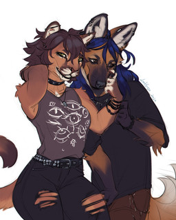anthro biped bottomwear breasts claws clothed clothed_anthro clothed_female clothed_male clothing duo female fingers front_view fully_clothed fully_clothed_anthro fully_clothed_female fully_clothed_male fur hair looking_at_viewer male simple_background smile standing tail teeth topwear lostgoose canid canine felid feline mammal 2026 absurd_res digital_drawing_(artwork) digital_media_(artwork) hi_res