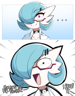 blue_hair choker clothing coat ellipsis eyelashes eyewear female glasses hair jewelry lab_coat necklace not_furry open_mouth purple_eyes solo text tongue topwear white_body saltyxodium nintendo pokemon dr._voir gardevoir generation_3_pokemon humanoid pokemon_(species) shiny_pokemon 2025 absurd_res comic english_text hi_res