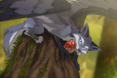 angry black_claws brown_nose claws eyelashes fangs feathered_wings feathers female feral food_in_mouth forest fungus fur grey_body grey_fur grey_markings inner_ear_fluff markings mushroom mushroom_in_mouth object_in_mouth outside plant purple_eyes solo spread_wings tail teeth tree tuft wings azzai hioshiru_(character) enfield 2024 colored digital_drawing_(artwork) digital_media_(artwork) shaded