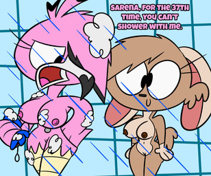 anthro bathing beak big_breasts black_eyes bodily_fluids breasts brown_body brown_nipples duo eyelashes female fur genitals hair hair_over_eye navel navel_piercing nipples non-mammal_breasts non-mammal_navel non-mammal_nipples nude open_mouth piercing pink_body pink_nipples rabbit_ears shower showering simple_background smile suds tail text thick_thighs vulva water wet wide_hips jdone flamma sarena_(jdone) avian bird flamingo lagomorph leporid mammal rabbit 2024 digital_media_(artwork) english_text hi_res