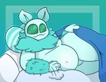 antennae_(anatomy) anthro bed belly blue_body blue_fur fur furniture green_eyes happy insect_wings male moobs neck_tuft patting pillow simple_background slightly_chubby smile solo thick_thighs tuft wings tunemon crystal_(sonofzook) arthropod insect lepidopteran moth absurd_res hi_res