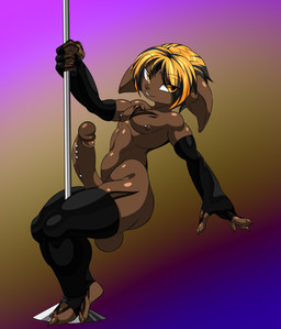 3_toes armwear athletic balls biceps big_balls big_penis black_hair black_markings blonde_highlights clothing dancing elbow_gloves erotic_dance feet fingerless_gloves floppy_ears frenum_ladder frenum_piercing genital_piercing genitals gloves hair handwear highlights_(coloring) ladder_piercing legwear male markings nipple_piercing nipples nude penis penis_piercing piercing pole pole_dancing solo stockings stripper_pole teeth toes yellow_eyes cheese_cake guild_wars kajjex asura humanoid hi_res