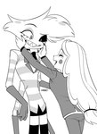 4_arms anthro clothed clothing duo eyes_closed female gloves hair handwear legwear male multi_arm multi_limb open_mouth simple_background smile teeth thigh_highs topwear white_background enaic31 hazbin_hotel angel_dust charlie_morningstar arachnid arthropod demon demon_humanoid humanoid spider better_version_at_source hi_res monochrome