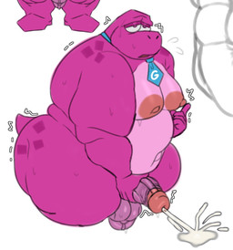 accessory anthro balls belly big_belly big_moobs bodily_fluids cum erection genital_fluids genitals glans male masturbation moobs necktie nipples nude overweight overweight_male penis pink_body solo vein veiny_penis tute_bear gameoverse glitch_productions gobbles_(gameoverse) dinosaur prehistoric_species reptile scalie 2026 hi_res