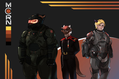 abstract_background anthro armor black_bottomwear black_clothing black_topwear blonde_hair bottomwear brown_body brown_eyes clothed clothing front_view green_armor grey_armor group hair headgear helmet holding_armor holding_headgear holding_helmet holding_object horn humanoid_pointy_ears looking_at_viewer male mouth_closed overweight overweight_anthro overweight_male pale_skin pink_hair pointy_ears purple_horn red_eyes standing topwear trio uniform visor white_horn johnthelewd_art mythology the_expanse dragon humanoid mythological_creature mythological_scalie scalie 3:2