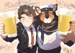 alcohol anthro arm_around_shoulders beverage brown_body brown_fur clothing duo fur grin male male/male necktie sailor_hat sailor_uniform smile suit youmoxto lifewonders live_a_hero male_operator protagonist_(live_a_hero) pubraseer canid canine canis domestic_dog human mammal absurd_res hi_res