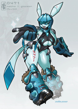 anthro armor big_breasts blue_body blue_eyes bodysuit boots breasts bulging_breasts clothing cybernetics dark_sclera female footwear gauntlets gesture gloves hand_gesture handwear machine navel number_on_body pointing pointing_at_viewer shoes side_boob skinsuit smile snow_boots solo thick_thighs tight_clothing under_boob wide_hips ishiexe nintendo pokemon cyborg eeveelution generation_4_pokemon glaceon pokemon_(species) absurd_res hi_res