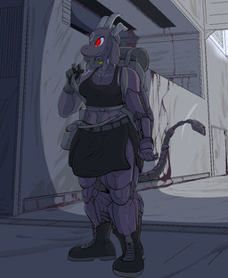 athletic athletic_female backpack belt biped boots bottomwear breasts city clothed clothing cybernetics ear_piercing female footwear fully_clothed fur horn jewelry long_ears long_tail machine outside piercing prehensile_tail red_eyes ruins shirt shoes skirt solo standing tail tank_top tattoo topwear lagotrope alien belenos bovid caprine cyborg mammal 2017 digital_media_(artwork) full-length_portrait hi_res portrait