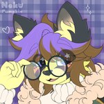 blue_eyes blush brown_hair clothed clothing coat eyewear fur fur_markings glasses hair male markings open_mouth purple_hair smile solo sweater topwear turtleneck nekopumpkin cheetah felid feline felis mammal hi_res