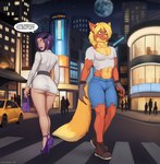 anthro blonde_hair bottomwear city clothing cloud duo female footwear full_moon hair high_heels looking_up male moon night outside purple_clothing purple_footwear purple_hair purple_high_heels shirt shoes short_hair shorts smile star topwear catchabird canid canine fox human mammal 2023 hi_res