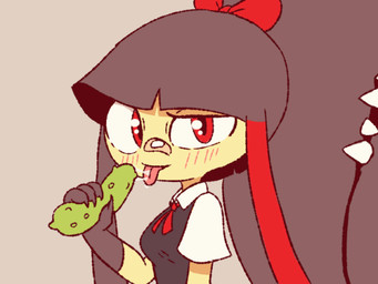 accessory anthro blush blush_lines bodily_fluids bow_ribbon breasts brown_hair clothed clothing cucumber dripping fangs fellatio_gesture female food food_fetish fruit gesture hair hair_accessory hair_bow hair_ribbon holding_food holding_object licking licking_food looking_at_viewer medium_breasts multicolored_hair plant red_eyes ribbons saliva saliva_drip saliva_on_tongue saliva_string solo suggestive suggestive_food suggestive_gesture teeth tongue tongue_out two_tone_hair yellow_body nangathong nintendo pokemon fan_character gaghiel generation_3_pokemon mawile pokemon_(species) 4:3 animated