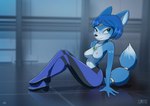3d_background anthro blue_body blue_fur blue_hair boots bottomwear breasts clothed clothing exposed_breasts female flight_suit footwear fur hair jewelry legwear necklace nipples shoes smile solo tail topless white_body white_fur acornart nintendo star_fox star_fox_adventures krystal_(star_fox) canid canine canis fox mammal digital_media_(artwork) hi_res