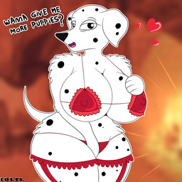anthro black_spots blurred_background breasts clothing detailed_background female fur hand_on_breast hand_on_vulva heart_symbol lingerie solo spots standing white_body white_fur wrinkles colty8 101_dalmatians disney perdita canid canine canis dalmatian domestic_dog mammal 1:1 hi_res