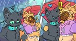 anthro collar cropped_hoodie detailed_background duo machine male raining umbrella dooperhuskyy felid feline mammal protogen hi_res