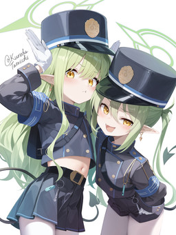 blue_clothing blue_hat blue_headwear bottomwear clothing cute_fangs fangs female female_humanoid gloves green_hair hair halo handwear hat headgear headwear heart_tail legwear midriff navel open_mouth pantyhose pointy_ears prick_ears shorts skirt tail teeth whistle_(object) white_clothing white_gloves white_handwear white_legwear white_pantyhose yellow_eyes young young_female young_humanoid tateishi_kureha blue_archive hikari_(blue_archive) nozomi_(blue_archive) demon demon_humanoid humanoid tailed_humanoid hi_res