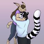 anthro black_hair brown_body brown_fur brown_hair clothed clothing duo eyes_closed female fur hair hug male male/female markings spots spotted_body spotted_fur striped_body striped_fur stripes white_body white_fur foxenawolf mark_m'rega tielle_(tigermark) felid feline lynx mammal pantherine tiger 1:1