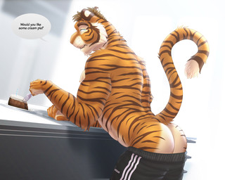 anthro arched_back back_muscles bent_over biceps black_clothing bottomwear bottomwear_down butt candle cheek_tuft clothed clothing countershading cutlery dipstick_tail eating facial_tuft fingers food fork fur fur_tuft furniture holding_fork holding_object kitchen_utensils leaning leaning_forward looking_at_viewer looking_back looking_back_at_viewer male markings multicolored_body multicolored_fur multicolored_tail muscular muscular_anthro muscular_male nipples orange_body orange_fur pants pants_down partially_clothed pecs plate presenting presenting_hindquarters raised_tail simple_background smile solo striped_body striped_fur striped_markings striped_tail stripes table tail tail_markings text three-quarter_view tools topless topless_anthro topless_male tuft white_body white_countershading white_fur dream_and_nightmare felid mammal pantherine tiger 2020 5:4 digital_media_(artwork) english_text