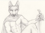 2017 5_fingers abs anthro armor canid canine canis cape cape_only claws clothing detailed fingers front_view fur golden_jackal greyscale holding_melee_weapon holding_object holding_sword holding_weapon jackal kadar looking_at_viewer male mammal melee_weapon monochrome mostly_nude navel red_lantern rukis simple_background sketch solo story story_in_description sword weapon whiskers white_background