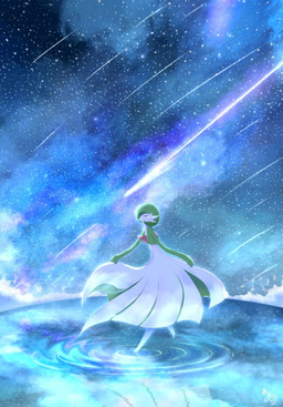 ambiguous_gender cosmic_background eyes_closed green_pseudo_hair pseudo_hair ripples shooting_star solo star white_body natu_a0z0ra nintendo pokemon gardevoir generation_3_pokemon humanoid pokemon_(species) 2026 hi_res signature