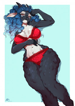 5_fingers anthro biped blue_hair border bra breast_rest breasts breasts_apart clothed clothed_anthro clothed_female clothing countershade_torso countershading eyewear female fingers fur glasses grey_body grey_fur hair horn looking_at_viewer lying natural_breasts navel on_back panties red_clothing red_eyes red_underwear simple_background small_waist smile solo underwear underwear_only white_border wide_hips allatir serenity_(laggyb0i) bovid caprine mammal sheep 2025 digital_drawing_(artwork) digital_media_(artwork) hi_res