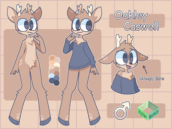 anthro antlers black_nose bottomless brown_background brown_body brown_fur clothed clothing countershading directional_arrow ears_down fur fur_markings gender_symbol grey_clothing grey_eyes grey_hooves grey_sweater grey_topwear hooves horn logo looking_away male male_symbol markings nude nude_anthro nude_male open_mouth pattern_background pivoted_ears simple_background smile solo standing sweater sweater_only symbol tan_background tan_body tan_fur text topwear topwear_only tuft aiyhav_nouneim oakley_(aiyhav_nouneim) deer mammal 2020 artist_logo artist_name english_text hi_res model_sheet