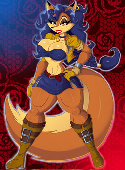 anthro belt belt_buckle big_tail blue_bottomwear blue_clothing blue_hair blue_skirt blue_topwear boots bottomwear breasts brown_body brown_clothing brown_footwear brown_fur brown_shoes buckle cleavage clothed clothing collar cropped_jacket curvy_figure dipstick_ears ear_markings ear_piercing ear_ring eyelashes female footwear fur gloves hair hand_on_hip handwear hourglass_figure knee_boots knee_highs legwear lipstick looking_at_viewer makeup markings miniskirt mole_(marking) multicolored_ears navel nipple_outline orange_eyes pattern_background piercing red_background red_lipstick ring_piercing shoes simple_background skirt small_waist smile solo tail tan_body tan_fur thick_thighs topwear wide_hips yellow_clothing yellow_gloves yellow_handwear yellow_topwear drawsfigures sly_cooper_(series) sony_corporation sony_interactive_entertainment sucker_punch_productions carmelita_fox canid canine fox mammal hi_res