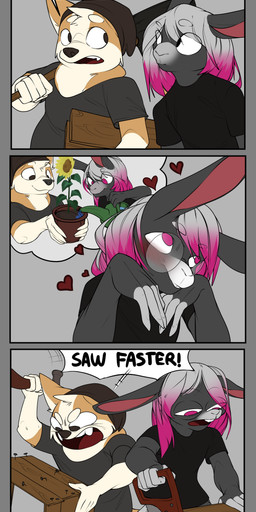4_panel_comic beanie black_body black_fur clothed clothing comic_panel fur hair hat headgear headwear humor orange_body orange_fur pink_hair shirt speech_bubble t-shirt topwear white_hair yellow_body yellow_fur corginamedbruno canid canine canis domestic_dog herding_dog lagomorph leporid mammal pastoral_dog rabbit welsh_corgi absurd_res comic hi_res