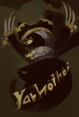 3_toes ambiguous_gender bandage bell black_body black_fur black_tail blonde_eyelashes claws cloak clothing eyelashes feet fur long_tail looking_at_viewer looking_down looking_down_at_viewer midair mouthless one_eye_obstructed pawpads pupils simple_background tail text toes white_claws yellow_pupils hasukii ratatan nyandola_(ratatan) aquatic felid feline fish mammal hi_res