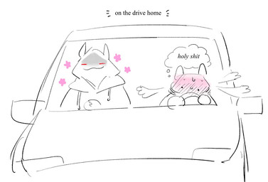 after_sex ambiguous/ambiguous ambiguous_gender anthro blush bodily_fluids car clothing dot_eyes driving driving_car duo ears_up facial_markings flower flustered front_view hands_together head_markings hoodie inside_car inside_vehicle intraspecies markings mask_(marking) narrowed_eyes plant pointy_ears prick_ears profanity red_eyes simple_background simple_eyes sitting smile smug steam sweat text thought_bubble thoughts topwear vehicle white_background scribbleshanks dreamworks puss_in_boots_(franchise) shrek_(series) big_bad_wolf_(shrek) death_(puss_in_boots) shrek_(character) canid canine canis mammal wolf monochrome sketch andromorph_(lore) male_(lore) trans_(lore) trans_man_(lore)