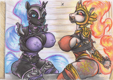 4_fingers angry anthro armor arms_tied armwear athletic athletic_anthro athletic_female bdsm big_breasts black_body blue_eyes blue_hair bondage bound breast_bondage breast_squeeze breasts butt clothed clothed_anthro clothed_female clothed_male clothing collar curvy_figure duo eye_contact eyebrows eyelashes female fingers fully_bound fully_clothed fully_clothed_anthro fully_clothed_female gag gagged gauntlets gloves hair hands_behind_back hands_tied handwear headgear headwear horn inside leg_armor legs_tied legwear logo looking_at_another male muffled navel nipple_outline orange_hair panties pupils restraints rope rope_bondage rope_harness sitting sitting_on_object slit_pupils squeezing submissive submissive_anthro submissive_female tape tape_gag thick_thighs topwear underwear unicorn_horn wall_(structure) white_body wood wood_wall wooden_horse_(device) yellow_eyes spiritalpha friendship_is_magic hasbro my_little_pony mythology daybreaker_(mlp) nightmare_moon_(mlp) equid equine horse mammal mythological_creature mythological_equine pony unicorn artist_logo colored_pencil_(artwork) graphite_(artwork) traditional_media_(artwork)