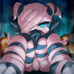 anthro blue_eyes bulge claws detailed_background finger_claws fingers food front_view fruit holidays looking_at_viewer male mummy_costume mummy_wrappings one_eye_obstructed plant pumpkin sitting solo rusho bandai_namco digimon halloween digimon_(species) veemon 1:1 2022