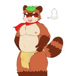 anthro asian_clothing balls blush bodily_fluids bottomwear bulge canid canine clothed clothing digital_media_(artwork) east_asian_clothing fundoshi genitals headgear headwear hi_res japanese_clothing kemono leaf male mammal navel nipples partially_clothed raccoon_dog red_eyes sdscrib simple_background slightly_chubby slightly_chubby_male solo sweat sweatdrop tanuki underwear