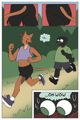 anthro blush bodily_fluids bottomwear clothing crop_top duo footwear jogging looking_at_butt male outside shirt shoes shorts smile sweat topwear demilittleguy dave_(demilittleguy) james_(demilittleguy) canid canine canis domestic_cat domestic_dog felid feline felis mammal comic hi_res