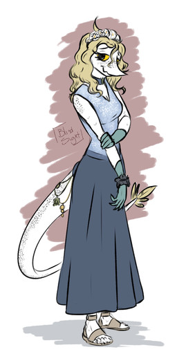 alternate_costume anthro biped black_eyes blonde_hair breasts clothed clothed_anthro clothed_female clothing dress feathered_tail feathers feet female footwear freckled_tail freckles furgonomics gloves hair handwear happy humanoid_feet jewelry long_hair long_tail looking_at_viewer medium_breasts non-mammal_breasts plantigrade sandals shadow shoes simple_background smile solo standing tail tan_body tan_feathers text three-quarter_view toes white_background yellow_sclera taiarts cavemanon_studios snoot_game fan_character judee dinosaur prehistoric_species reptile scalie theropod troodon troodontid artist_name colored full-length_portrait portrait shaded