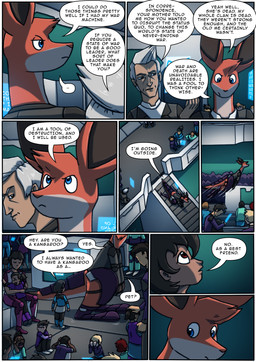 anthro armor biped black_hair blue_eyes crowd dialogue dialogue_box ellipsis fur group hair inside jumping larger_anthro larger_male male motion_lines red_body red_fur red_tail size_difference smaller_human smaller_male smaller_young speech_bubble stairs tail text young young_human young_male kitfox-crimson in_our_shadow storm_(kitfox-crimson) human kangaroo macropod mammal marsupial 2025 absurd_res colored comic english_text hi_res