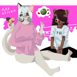 2_tails anthro big_breasts black_bottomwear black_clothing black_pants blush bottomwear breasts brown_body brown_eyes brown_fur brown_hair clothing cute_fangs duo fangs feet female food fruit fur gesture hair hand_gesture highlights_(coloring) holding_breast humanoid_feet long_hair looking_at_another looking_at_breasts looking_at_partner looking_away melon multi_tail multicolored_body oversized_clothing pants pawpads pink_clothing plant plantigrade simple_background sitting surprised tail teeth thought_bubble v_sign white_body white_clothing white_fur white_hair yellow_eyes illutrator haru_(etivka) shima_(volaworld) bear domestic_cat felid feline felis mammal nazari 1:1 hi_res