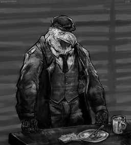 anthro beak clothing gloves handwear hat headgear headwear leather leather_clothing leather_gloves leather_handwear male solo standing suit aokamidu icono accipitrid accipitriform avian bird eagle hi_res